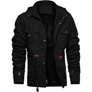 Mens Black Thick Winter Jacket Hooded Fleece Lined Cotton Military Coat
